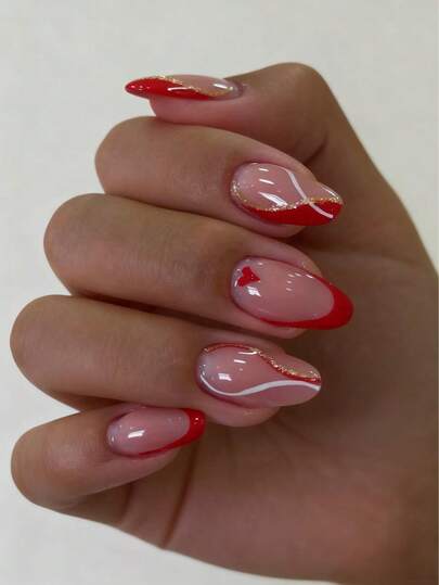 24pcs Valentine's Day Red Almond Shaped Reusable Press-On Nails Set, Red White Gold Striped Design, Red Heart Nail Decor, Includes 1 Nail File And 1 Jelly Gel, Suitable For Women And Girls For Daily Wear And Valentine's Day Party