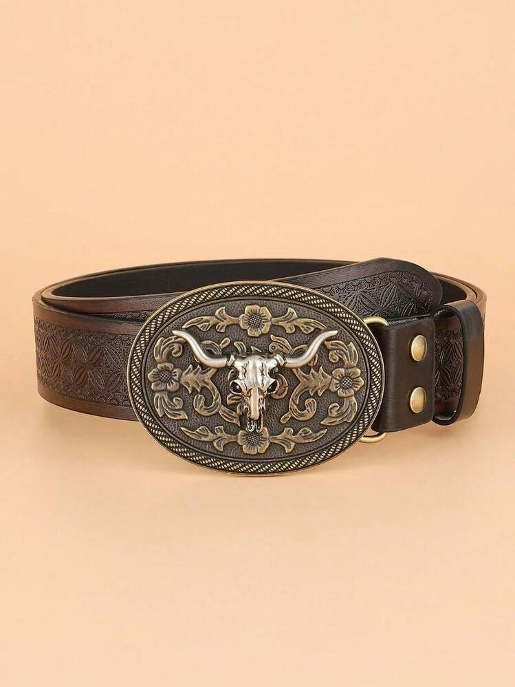 3.7cm Wide Unisex Western Horse Head Style Cowboy Belt Buckle, Smooth Buckle With Floral Print Perforated Holes - Maroon - View 4