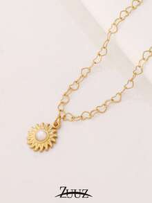 1pc Bohemian Style Stainless Steel Natural Stone Sun Charm Necklace For Women Heart Chain Necklace Collar Chain Jewelry Gifts - Yellow Gold - View 6