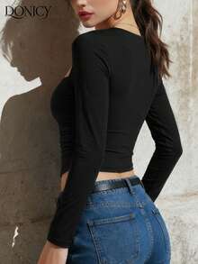 DONICY 女士黑色方领扭结镂空长袖露脐上衣，适合情人节、狂欢节和日常穿着 - 黑色 - 查看 2