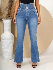 Women's Jeans With A Pleated Elastic Waistband Design That Lifts The Buttocks And Flattens The Tummy, Offering Stretch Without Constriction. - 淺藍色 - 查看 4