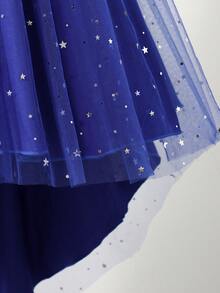 Girls Sequin Asymmetric Shoulder Lightweight Dress, Elegant Tulle Bow Princess Dress Suitable For Birthday Party - Blue - View 7