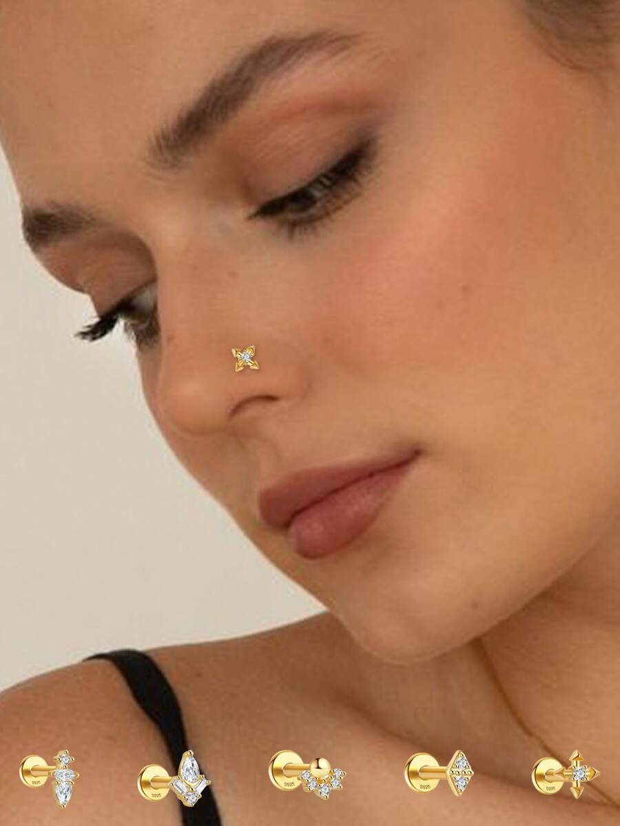 1pc S925 Sterling Silver Nose Stud, Simple & Easy To Wear, Fashionable Round Ball Zirconia Embedded Nose Jewelry, Suitable For Women's Daily Wear, Parties, And Banquets - Yellow Gold - View 1