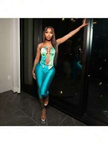 Conjunto de tres piezas con top de pecho hueco con puntada impresa en 3D y pantalones para mujer, para primavera y verano - Verde - Ver 3