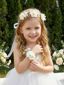 2件套米色网纱玫瑰花冠+花朵手链套装，适合女孩和女士，可用于婚礼、新娘、派对、拍照道具、周年纪念、情人节礼物、亲子装。 - 米色 - 查看 5