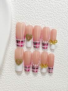 10pcs Luxury French Style Acrylic Nail Art Set, Includes Gold Hollow Heart, Bow Tie Nail Decor, White Faux Pearl Accents, Hand-Painted Striped & Checkered Patterns Nails Nail Supplies Handmade Press On Nails - 彩色 - 查看 11