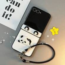 可爱趣味熊猫白色手机壳，带皮质挂绳，兼容三星 Galaxy ZFlip7、Z Flip6、ZFlip 5，防震后盖 - 白色 - 查看 3