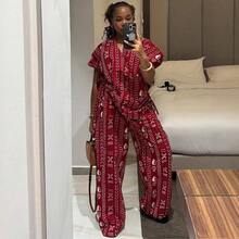 Women's Fashion Printed Short Sleeved Drawstring Waist Slimming Shirt Wide Leg Pants African Style Western-Style Suit - Đỏ - Xem 3