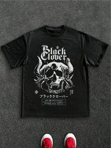 Men's T Shirts Stylish Men's TShirt, 100% 220GSM Heavy Cotton, Black Clover Skull & Horns Graphic Design, Perfect For Casual Wear, Ideal For Rock Music Fans, A Great Gift Choice.Men's Casual Print Round Neck Short Sleeve T-Shirt Standard Fit T-Shirt For Men - Black - View 8