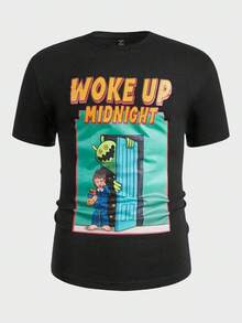 Shirts For Men ROMWE MEN Guys Cotton Slogan & Figure Graphic Tee Men's Casual Print Round Neck Short Sleeve T-Shirt Men Women T-Shirt Print Tee - 黑色 - 查看 1