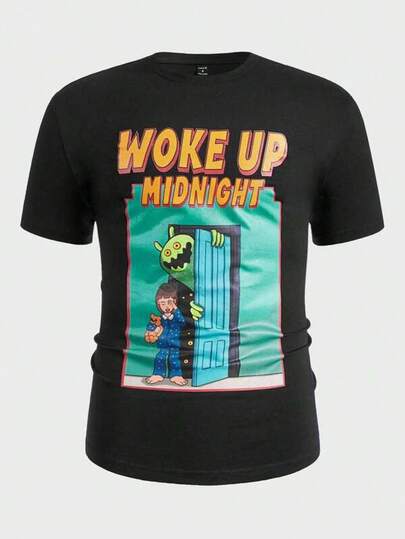 Skjortor för män ROMWE MEN Killar Bomull T-shirt med slogan och figurtryck Herr Avslappnad T-shirt med tryck Rund hals Kortärmad T-shirt Herr Dam T-shirt med tryck