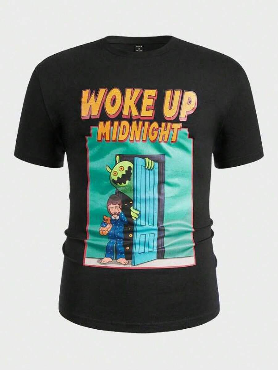 Shirts For Men ROMWE MEN Guys Cotton Slogan & Figure Graphic Tee Men's Casual Print Round Neck Short Sleeve T-Shirt Men Women T-Shirt Print Tee - 黑色 - 查看 1