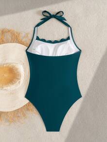 Women's Solid Color Emerald Green Sexy Ruffle Bandeau Swimsuit, Summer Beach Wear Vacation - Dark Green - View 5