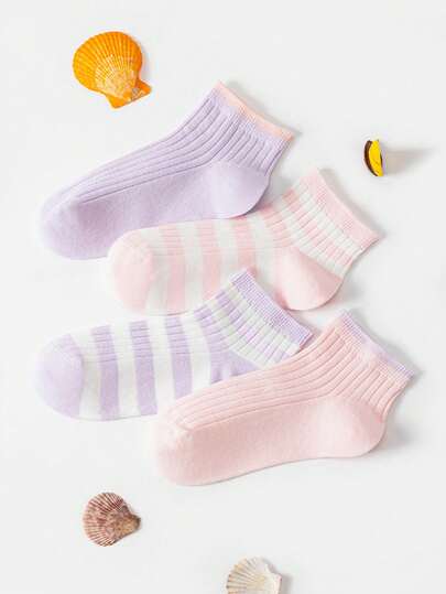 Annil [4 Pairs Set]Comfortable And Breathable Striped Elastic Girls' Short Socks For Children, Large-Sized Children's Sports Socks