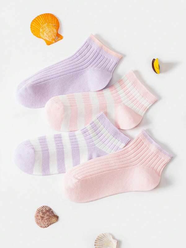 Annil [4 Pairs Set]Comfortable And Breathable Striped Elastic Girls' Short Socks For Children, Large-Sized Children's Sports Socks
