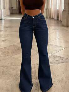 Women's Mid-Rise Flared Jeans, Sexy Ripped Elastic Raw Hem Denim Flared Pants, Casual Wear Fashion Trousers - TC08342深藍 - 查看 7