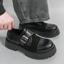 Men Low-Top Boots, Quilted Preppy College Style Buckle Thick Sole Lightweight Comfortable Leather Shoes, Unisex All Season - Black - View 4