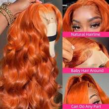 13x4蕾丝前假发，真人混纺发丝，200密度蕾丝前假发，真人前额发丝，巴西原生发，#350姜橙色高清蕾丝前额波浪卷假发，预剪预拔，女士款 - S350 - 查看 5