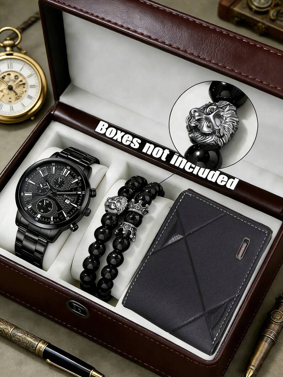 男士时尚配饰三件套，包括：1块黑色金属表带石英表（黑色表盘），1条黑色串珠狮头手链，以及1个黑色几何图案PU皮钱包，是男士的绝佳之选。 - 黑色 - 查看 1