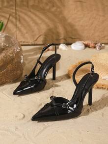 On feet& in love Women's Fashionable Elegant Criss-Cross Strap Pointed Toe V-Cut Buckle High Heel Pumps, Suitable For Dresses And Weddings - Black - View 5