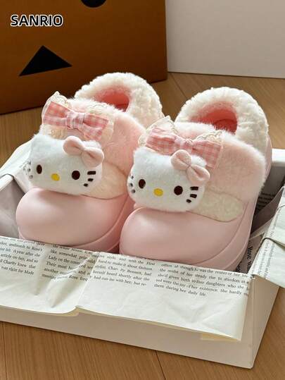  SANRIO Hello Kitty & Pompompurin Women's Comfortable Cute Slippers With Bow Design, Fluffy Plush One-Piece Slip-On Slippers For Winter