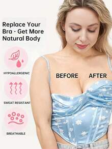 大码女士隐形提拉胸贴，水滴形粘性乳贴，无缝布料胸贴，无肩带设计。可裁剪提拉胶带，适合B-E罩杯，透气胸垫，完美搭配连衣裙和无肩带服装。 - 彩色 - 查看 4