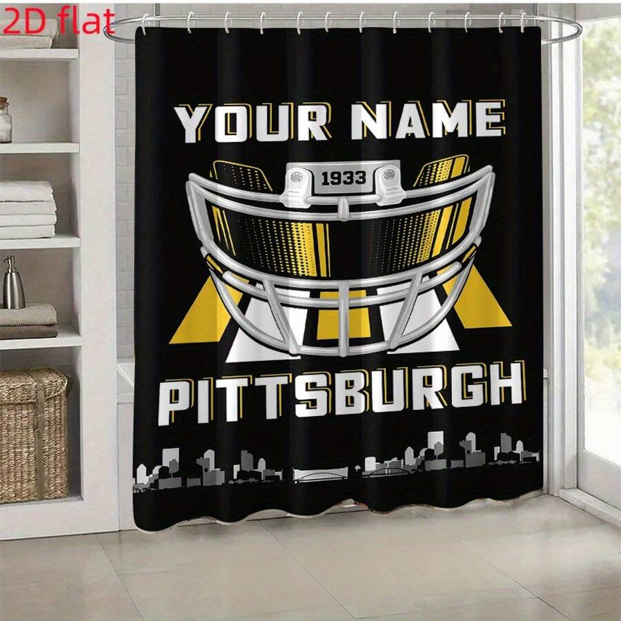 Shower Curtain-70.8 Inches On Each Side, 1pc "YOUR NAME PITTSBURGH" Printed Shower Curtain With Hooks, "American Football Helmet" Design, 71x71 Inches, All-Season Use, Christmas Decoration, Polyester, Valentine's Day Decoration, Bathroom Accesssories - 71x71吋/180x180厘米 - 查看 1
