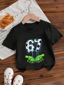 男童休闲印花圆领短袖T恤，夏季上衣 - 黑色 - 查看 3