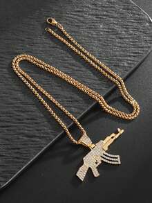 1件新款时尚创意仿AK-47突击步枪吊坠项链摇滚朋克男女饰品礼品 - 金色 - 查看 9