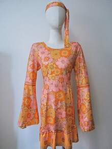 1 套万圣节复古 70 年代 80 年代嬉皮士服装连衣裙，花卉印花连衣裙，适合派对和舞台使用（不包括耳环和项链） - 印花 - 查看 9