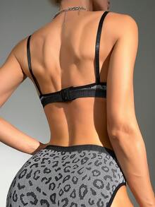 无缝豹纹性感露背文胸内裤套装（无罩杯无钢圈），女士内衣文胸和内裤，运动文胸 - 灰色 - 查看 2