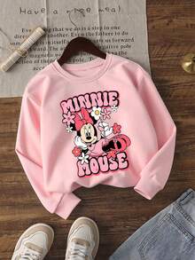 1pc Disney Minnie Mouse Floral Cheerful Graphic Tween Girl Cute Sweatshirt - Soft & Skin-Friendly, Perfect For Casual Outings & School Days - Hồng - Xem 1