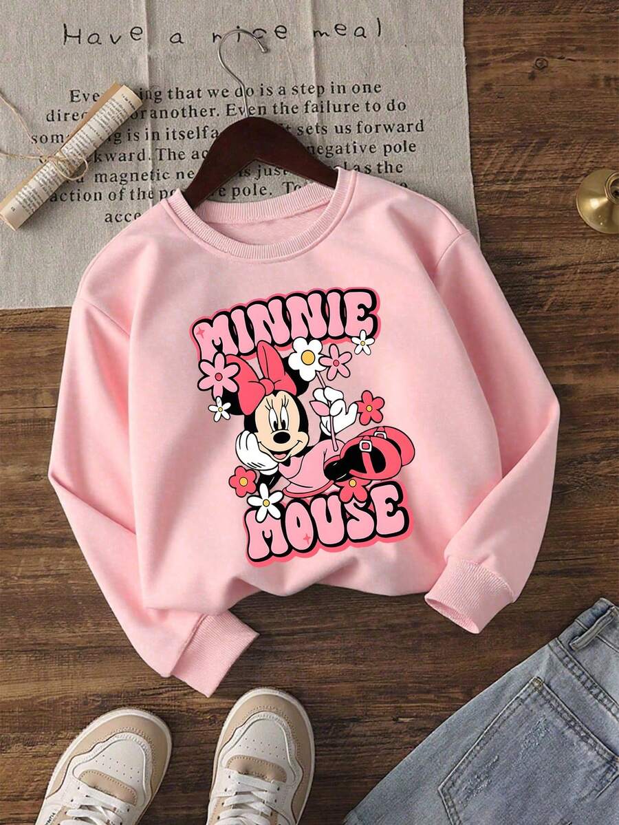 1pc Disney Minnie Mouse Floral Cheerful Graphic Tween Girl Cute Sweatshirt - Soft & Skin-Friendly, Perfect For Casual Outings & School Days - Hồng - Xem 1