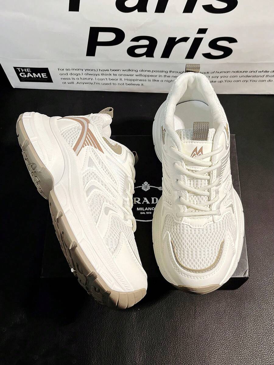 2025 Spring/Summer New Thick Sole Mesh Casual Sports Shoes, Women - Khaki - View 1