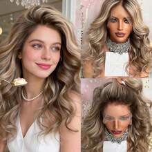 2026新款时尚蕾丝假发，女士铂金色，带灰棕色发根，自然发际线，合成纤维，蓬松深波浪蕾丝前假发，13x4预拔毛，无胶，适合角色扮演、派对、日常佩戴，女士、女孩、女性，顶级假发 - 彩色 - 查看 5
