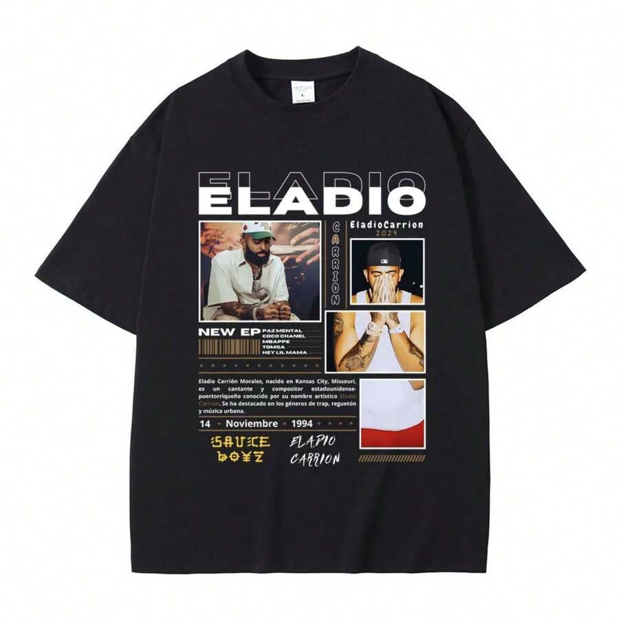 Rare Rapper Eladio Carrion Graphic T Shirts Men Women Hip Hop Vintage Oversized Tshirt Male Fashion Casual Short Sleeve T-Shirts - 黑色 - 查看 1