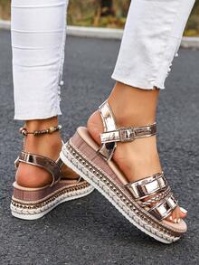 Sandalias de tacón alto con suela de cuerda para mujer, tacón de cuña, punta abierta, lazo, zapatos de plataforma con tacón grueso, adecuados para verano y primavera - Oro rosa - Ver 4