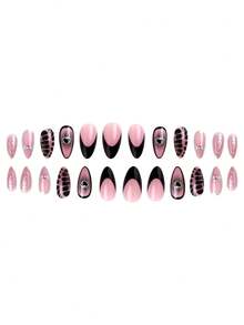 24片/套杏仁形短指甲，镀铬银色法式美甲贴片，饰有不规则金属液体图案，融合豹纹和心形元素，内含粘性标签，可重复使用，可佩戴，美甲贴片，美甲用品，适合女孩/女士日常佩戴、节日、春季美甲。 - 彩色 - 查看 5