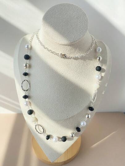 1 pieza Collar largo de mujer de diseño elegante, collar geométrico multicapa de perla falsa de resina plateada, adecuado para uso diario, vacaciones, fiestas, regalo