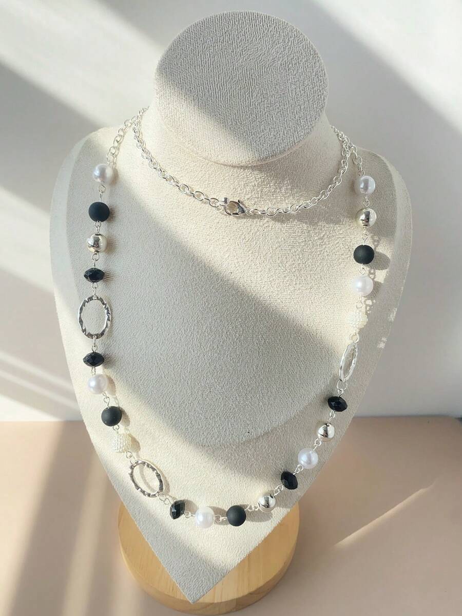 1件优雅时尚女士长项链，银色仿珍珠树脂几何多层项链，适合日常、度假、派对、送礼。 - 黑色 - 查看 1
