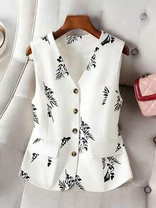 Áo blazer nữ dáng suông, nhẹ, không tay, cài cúc đơn, in họa tiết, thích hợp mặc đi làm và công sở. - trắng - Xem 3