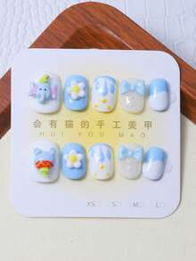 10pcs/Set Pressed On Nails With Hand Painted Dumbo Design, Super Cute Cartoon Style! Perfect For Girls And Ladies To Rock - Multicolor - View 1