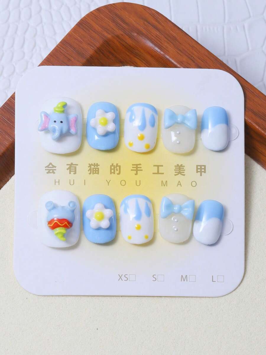 10pcs/Set Pressed On Nails With Hand Painted Dumbo Design, Super Cute Cartoon Style! Perfect For Girls And Ladies To Rock - Multicolor - View 1