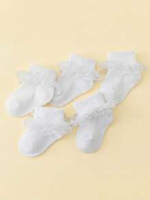 5 Pairs Baby Girls' White Elegant Lace Trim Socks, Loose Cuff, Comfortable & Breathable - White - View 3