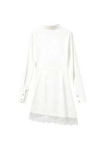 Women's Solid Color Elegant Casual Woven Fabric Front Button Lace Patchwork Ruffle Waist Shirt Collar Dress, Suitable For Office Wear In Autumn And Spring White - White - View 8