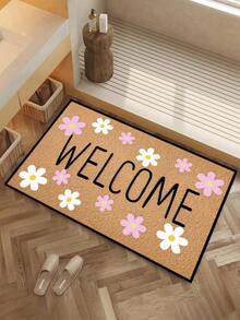 1 pieza Felpudo con patrón floral "Bienvenido", estilo rústico de fibra de poliéster lavable, adecuado para sala de estar, cocina, dormitorio, entrada, decoración del hogar, decoración de la habitación, para todas las estaciones - Mostaza Amarilla - Ver 10