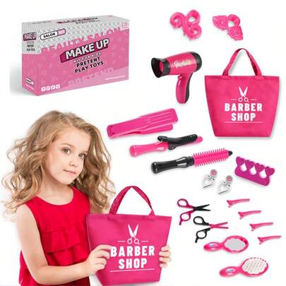 Set Mainan Salon Rambut Anak 17 Buah, Perlengkapan Tata Rambut Anak Perempuan dengan Pengering Rambut & Alat Kecantikan, Mainan Kosmetik untuk Bermain Peran, Hadiah Ulang Tahun dan Liburan Ideal untuk Anak Perempuan