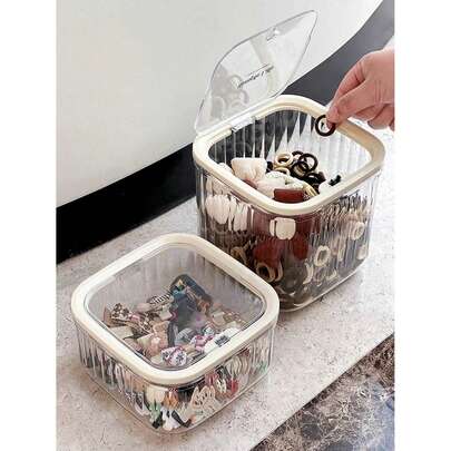 1pc/2pcs Transparent Storage Box, Can Store Hair Accessories Like Hair Ties, Hair Bands, Hair Clips, With Lid, Large Capacity Desktop Jewelry Box, Suitable For Women To Store Hair Ties, Hair Clips, Etc.