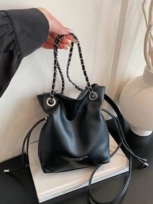 1pc Black Bucket Bag, New Fashionable Minimalist Solid Color PU Leather Shoulder Crossbody Bag For Women - Black - View 1