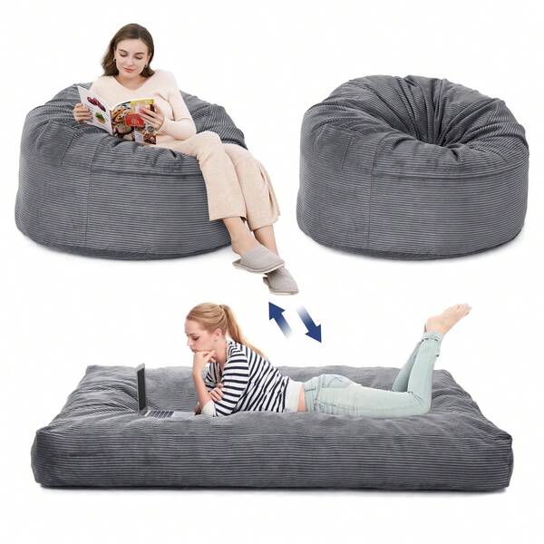 Sillón de Espuma Convertible 2 en 1 Tamaño Completo para Adultos - Sillón Gigante Convertible en Cama con Funda de Corderoy Lavable, de Cojín de Piso a Colchón para Sala y Dormitorio, Gris Claro